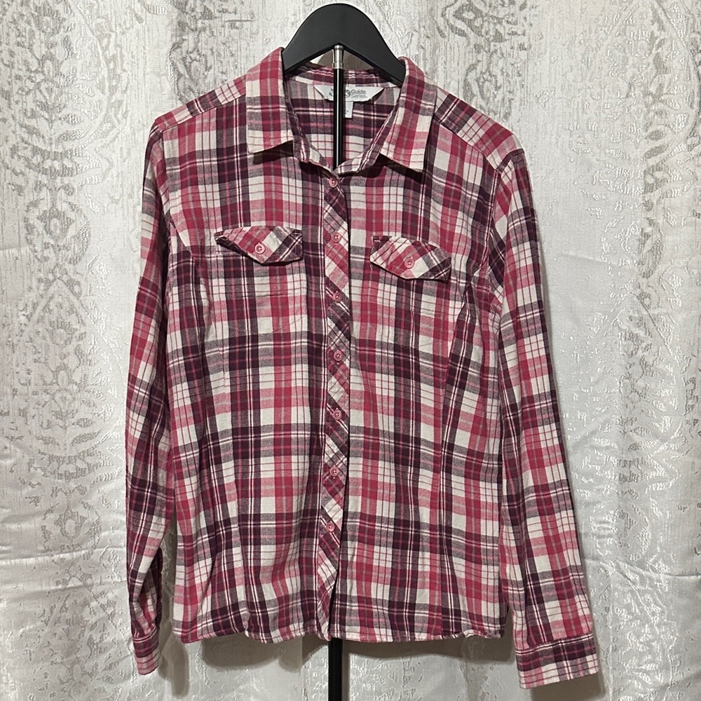 Guide Series Women’s Pink & Purple Plaid Flannel Shirt, Large